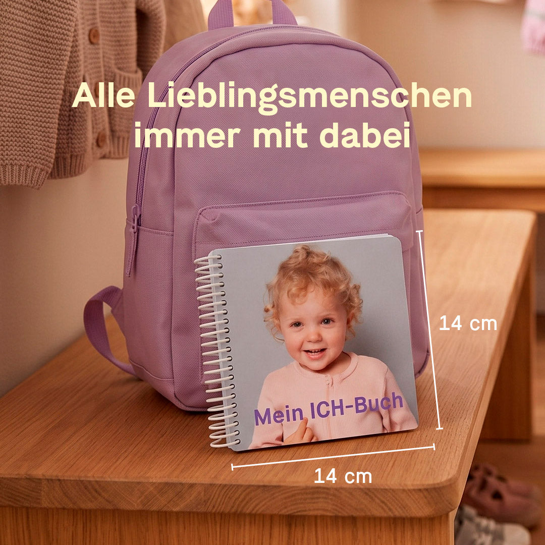 Personalisiertes ICH-Buch Fotobuch, 14x14 cm klein, passt in jeden Kita-Rucksack für die Krippen-Eingewöhnung — Kleine Prints