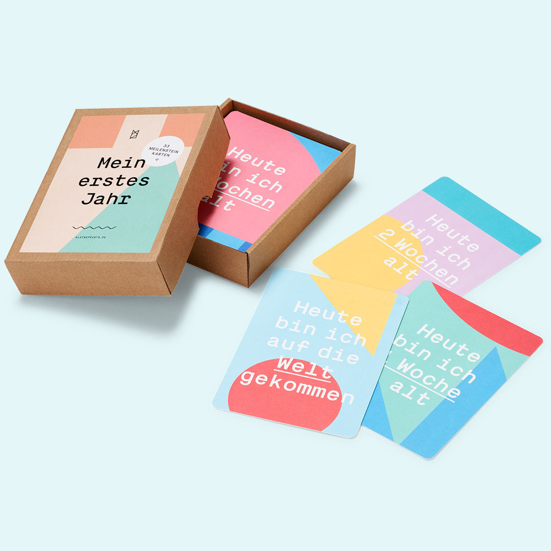 Kartenset Meilensteinkarten: 33 bunte Postkarten in Geschenkbox — Kleine Prints