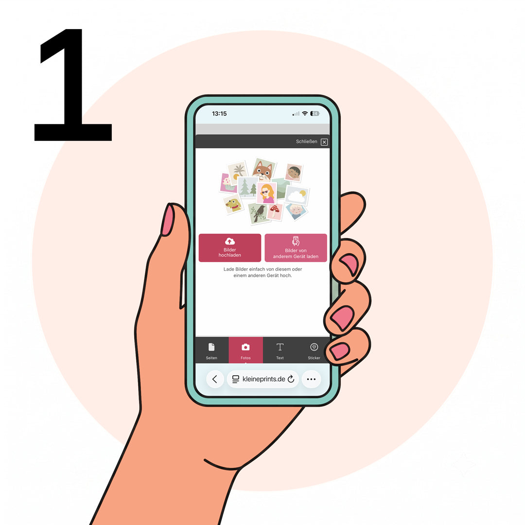 Fotobuch gestalten Schritt 1: Hand hält Smartphone mit Kleine Prints Editor, Fotos vom Handy hochladen