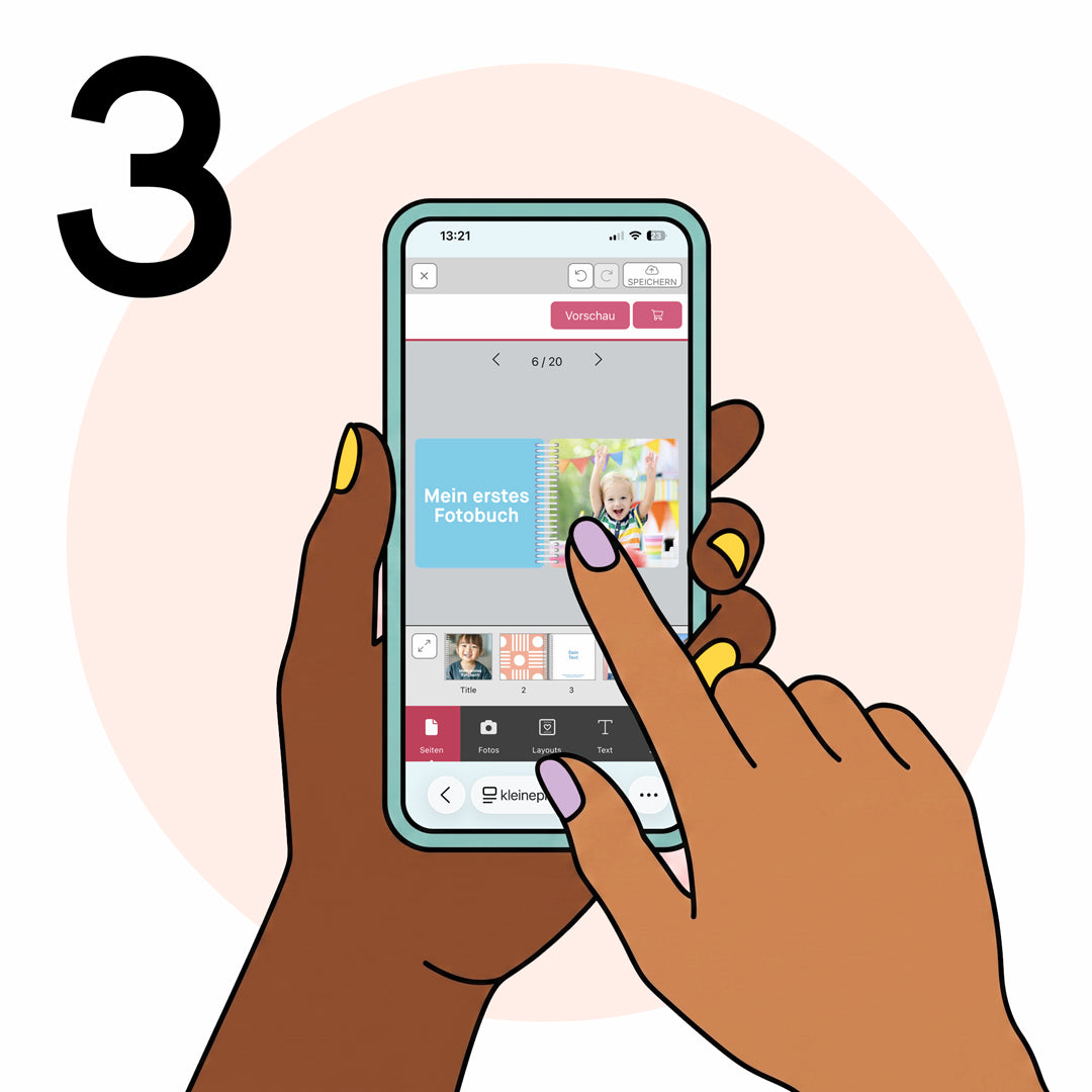 Fotobuch gestalten Schritt 3: Zwei Hände tippen Texte in den mobilen Editor ein, Kleine Prints