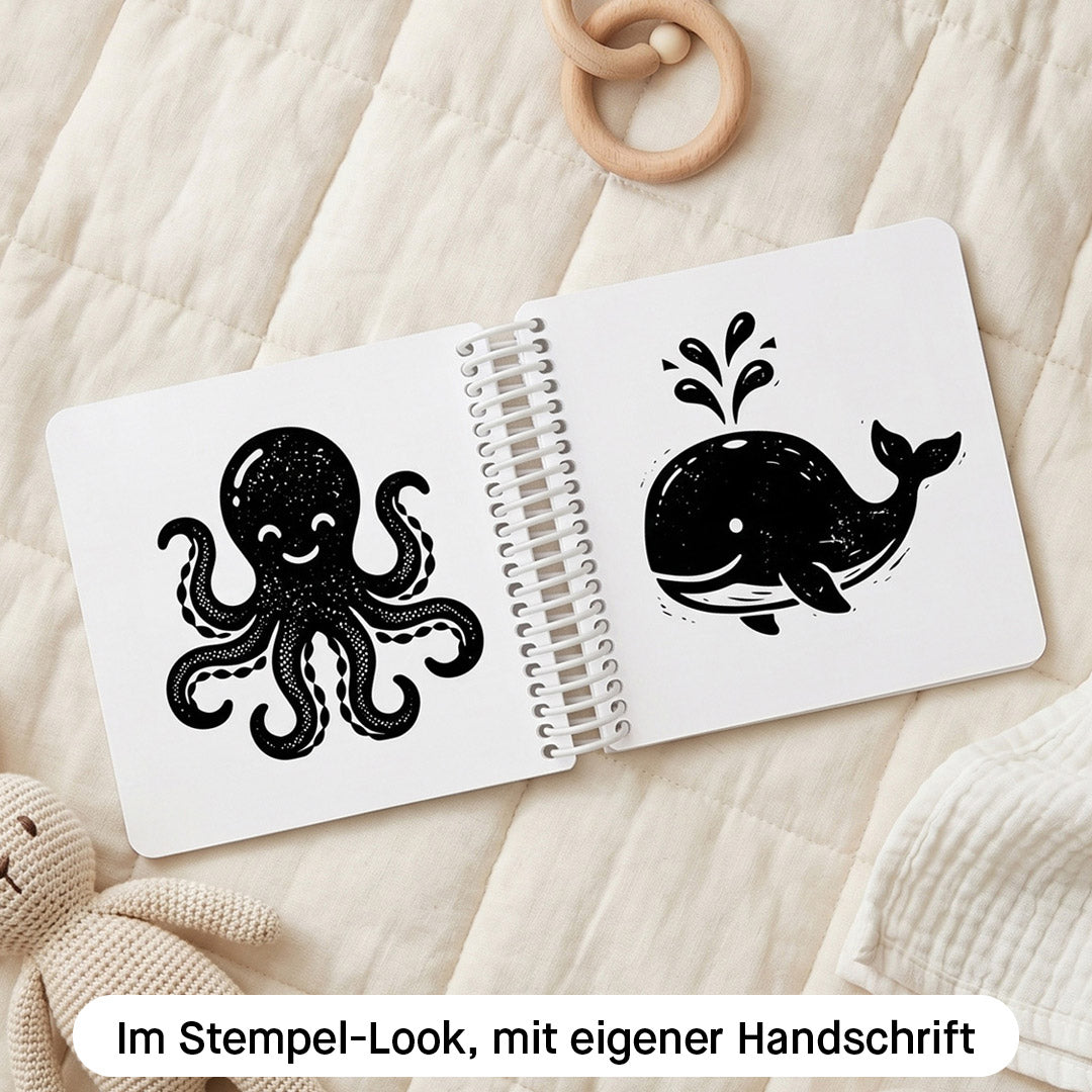 Doppelseite aus dem Kontrastbuch mit Oktopus und Wal als Schwarz-Weiß-Illustration im Stempel-Look, Kleine Prints
