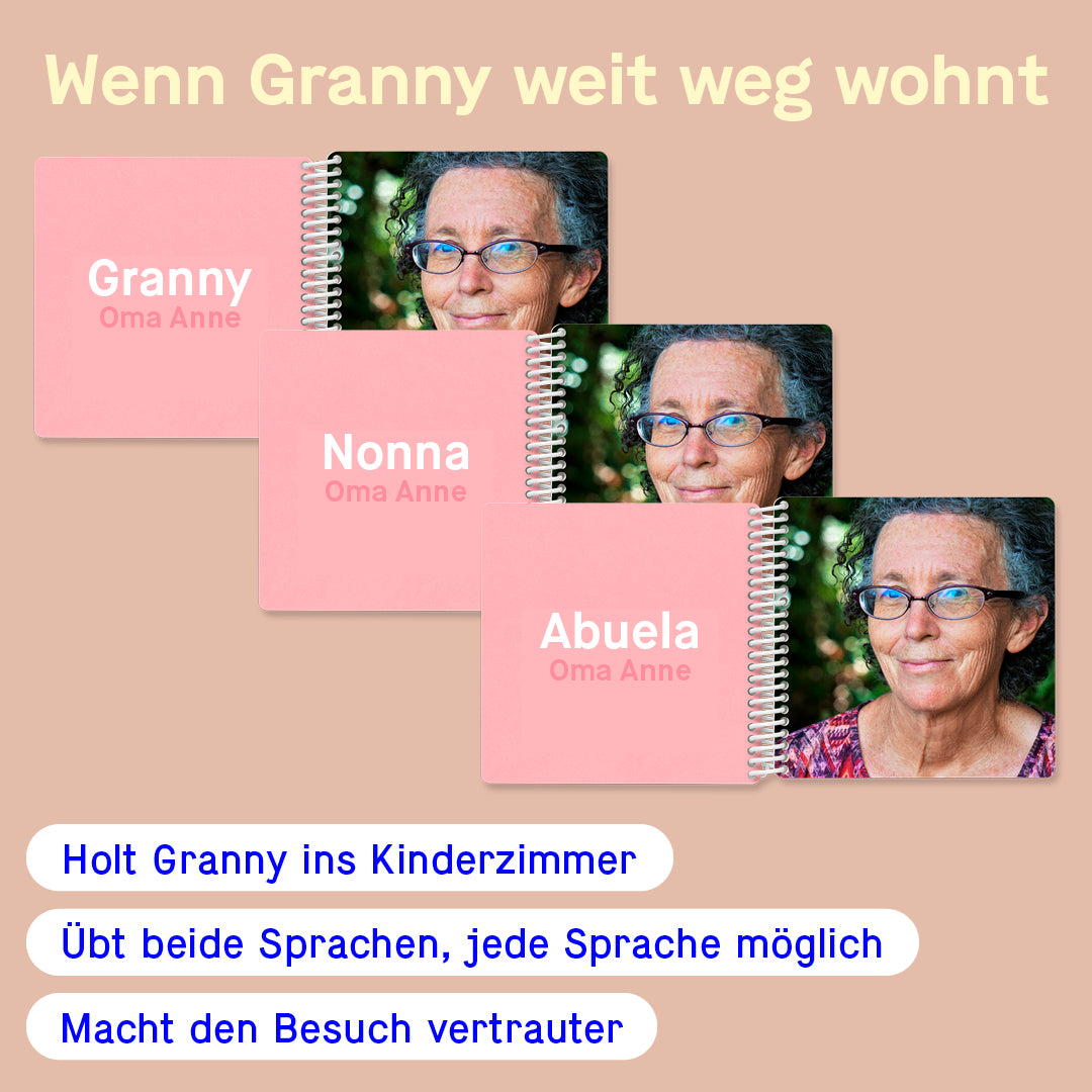 Zweisprachige Doppelseite im Kinderfotobuch mit der Beschriftung Granny, Nonna oder Abuela links und Foto von Oma rechts