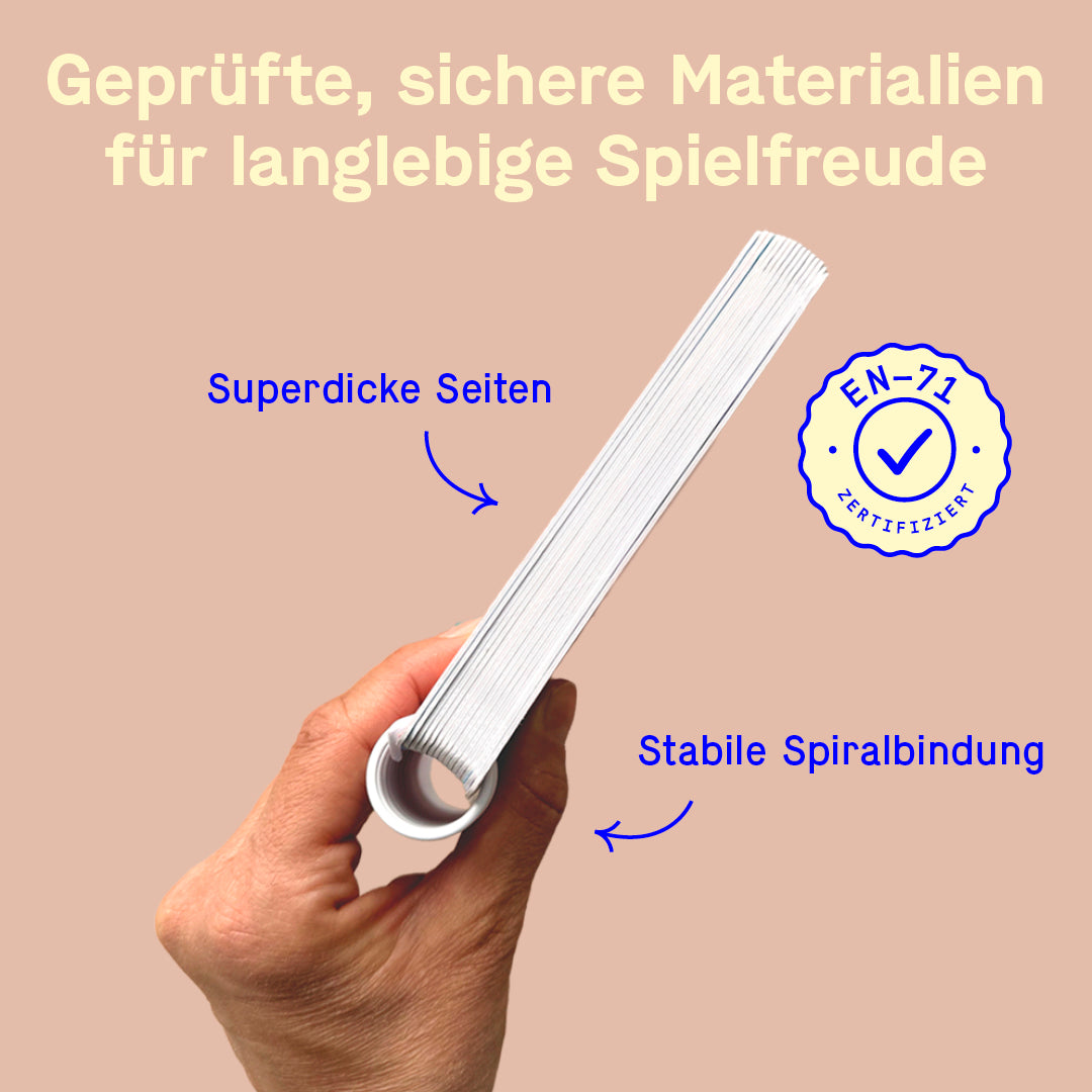 Nahaufnahme der dicken Pappseiten und  der stabilen Spiralbindung des Kinderfotobuchs