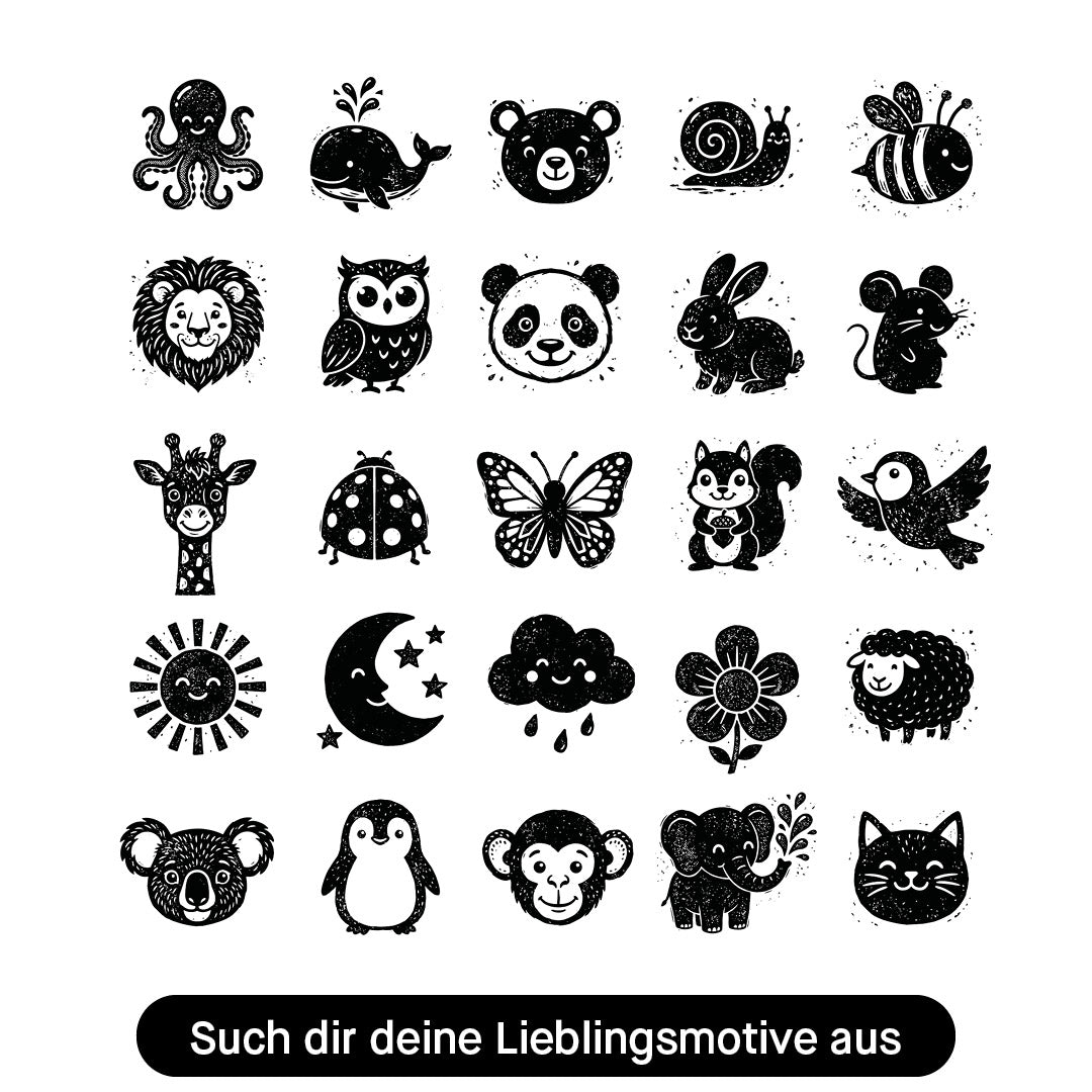 Rasteransicht mit verschiedenen Schwarz-Weiß-Illustrationen wie Tier-, Form- und Mustermotiven zur Auswahl für das Kontrastbuch, Kleine Prints