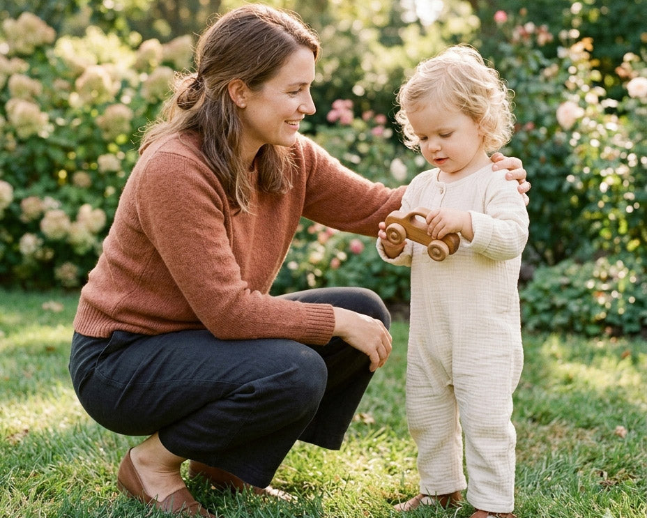 Mama in Hocke vor dem Kind beim Krippenstart — Kleine Prints