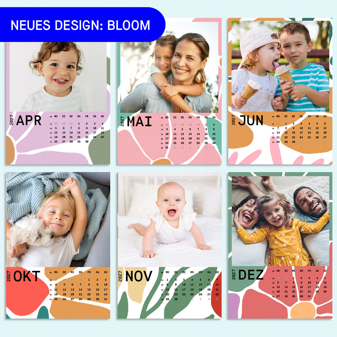 Sechs Kalenderkarten im Design Bloom mit gemalten Blumen und Blättern in Rosa, Grün und Orange, darunter ein Juni-Foto mit zwei Kindern beim Eisessen — Kleine Prints