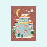 Personalisierte Weihnachtskarte mit bunter Haus-Illustration und 2 Fotos — Kleine Prints