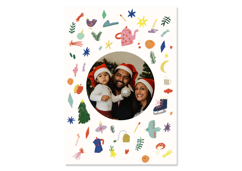 Weihnachtskarte mit Foto und bunten Illustrationen im Rahmen Stil "Gemütlichkeit" — Kleine Prints