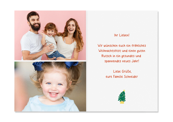 Personalisierte Weihnachtskarte mit bunter Haus-Illustration und 2 Fotos — Kleine Prints