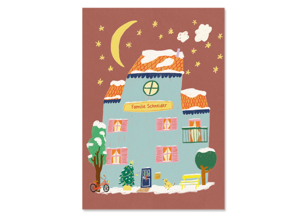 Personalisierte Weihnachtskarte mit bunter Haus-Illustration und 2 Fotos — Kleine Prints