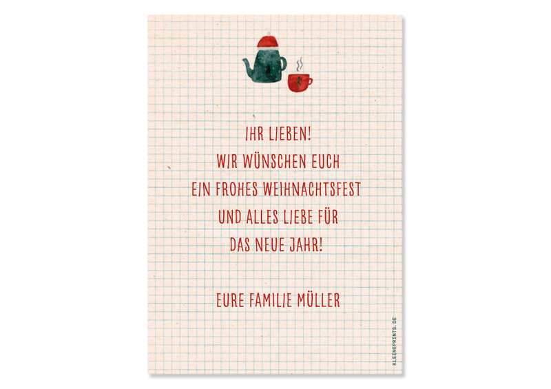 Individuelle Weihnachtskarte mit 3 Fotos und niedlicher Aquarellzeichnunge Teekanne — Kleine Prints